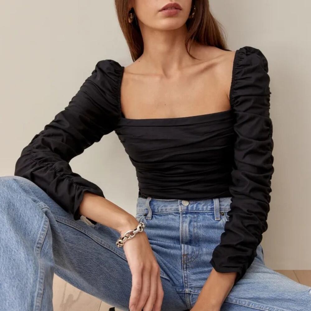 Reformation Black Ruched Square Neck Joi Long Sleeve Top - 0